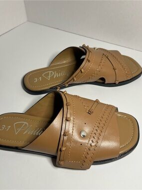 3.1 Phillip Lim Cognac Brown Leather Woven Slide Sandals
